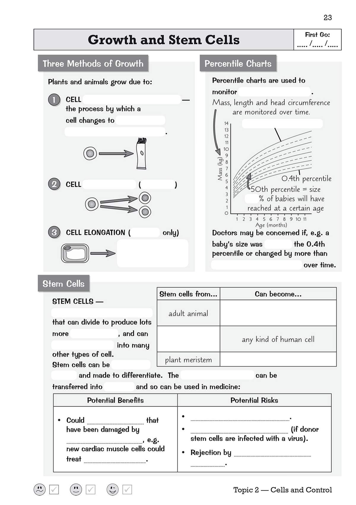 A worksheet on growth and stem cells with fill-in-the-blanks and a table to complete, testing recall of key terms