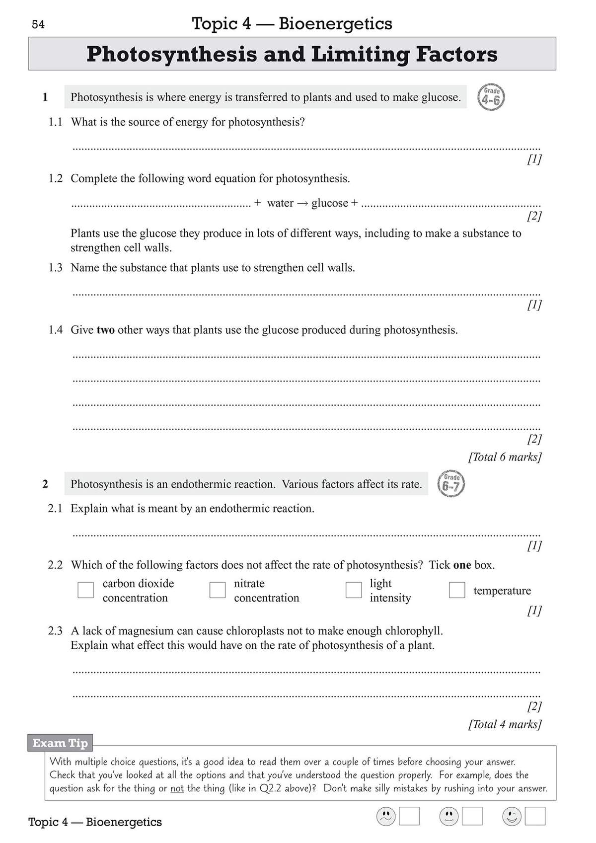 Questions on photosynthesis and limiting factors, including word equations, explanations, and multiple choice