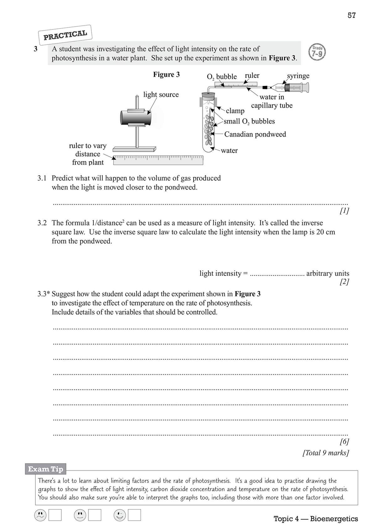 A practical question on photosynthesis with a diagram, asking pupils to predict gas volume