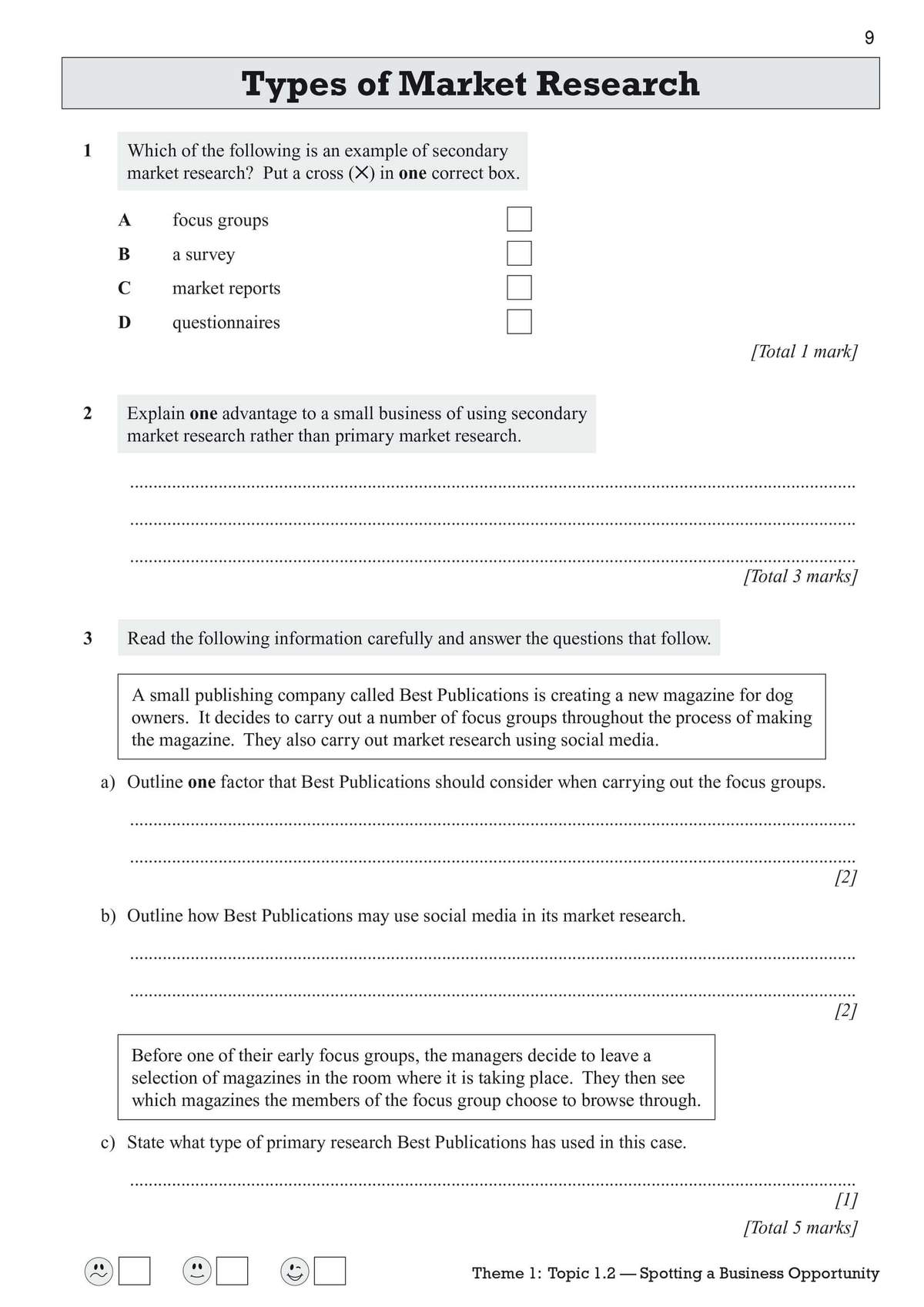Three questions on market research types, including a multiple-choice task and a short reading passage to analyse