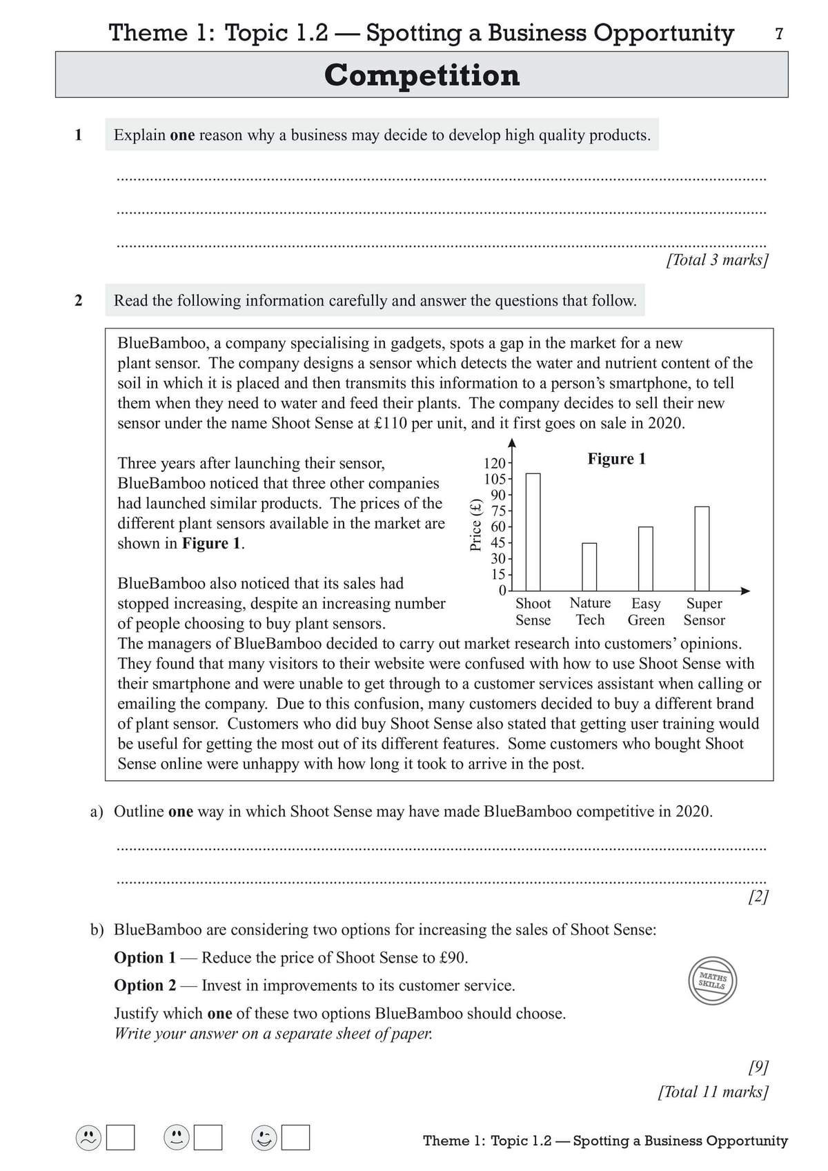 A case study on plant sensors with a bar chart, followed by questions to outline competitive advantages and justify business