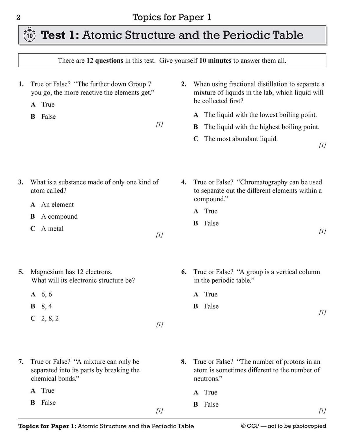 Twelve timed questions on atomic structure and the periodic table, including true/false and multiple choice