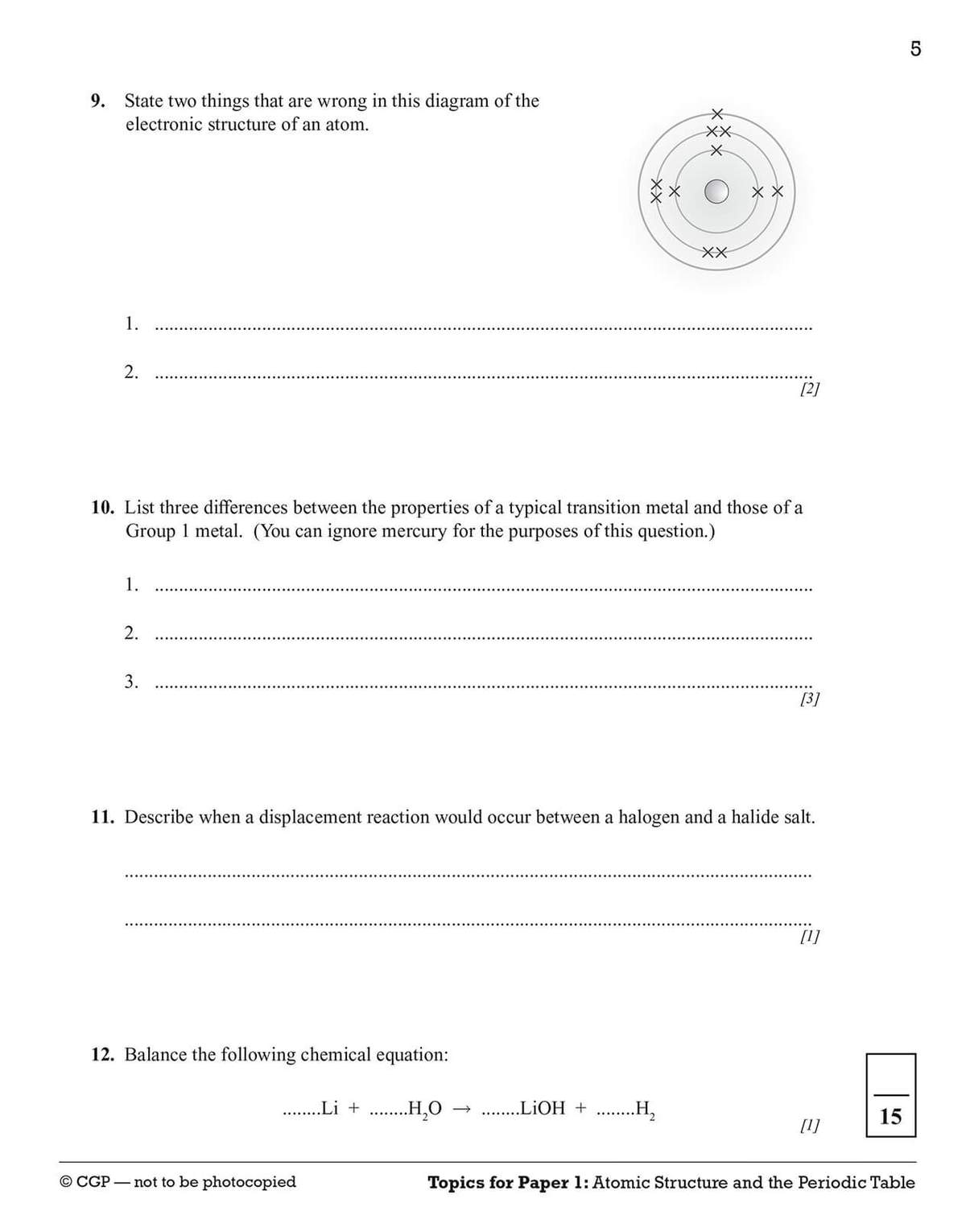 Four chemistry questions on atomic structure, metal properties, displacement reactions, and balancing equations