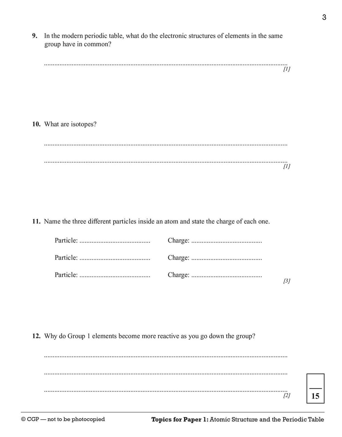 Four short questions on atomic structure and the periodic table, requiring written answers to test knowledge