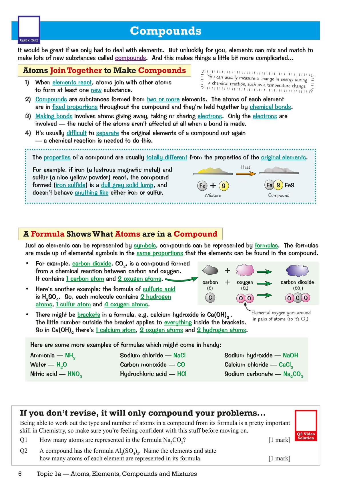 Clear notes on how atoms join to form compounds, with diagrams showing iron and sulfur reacting