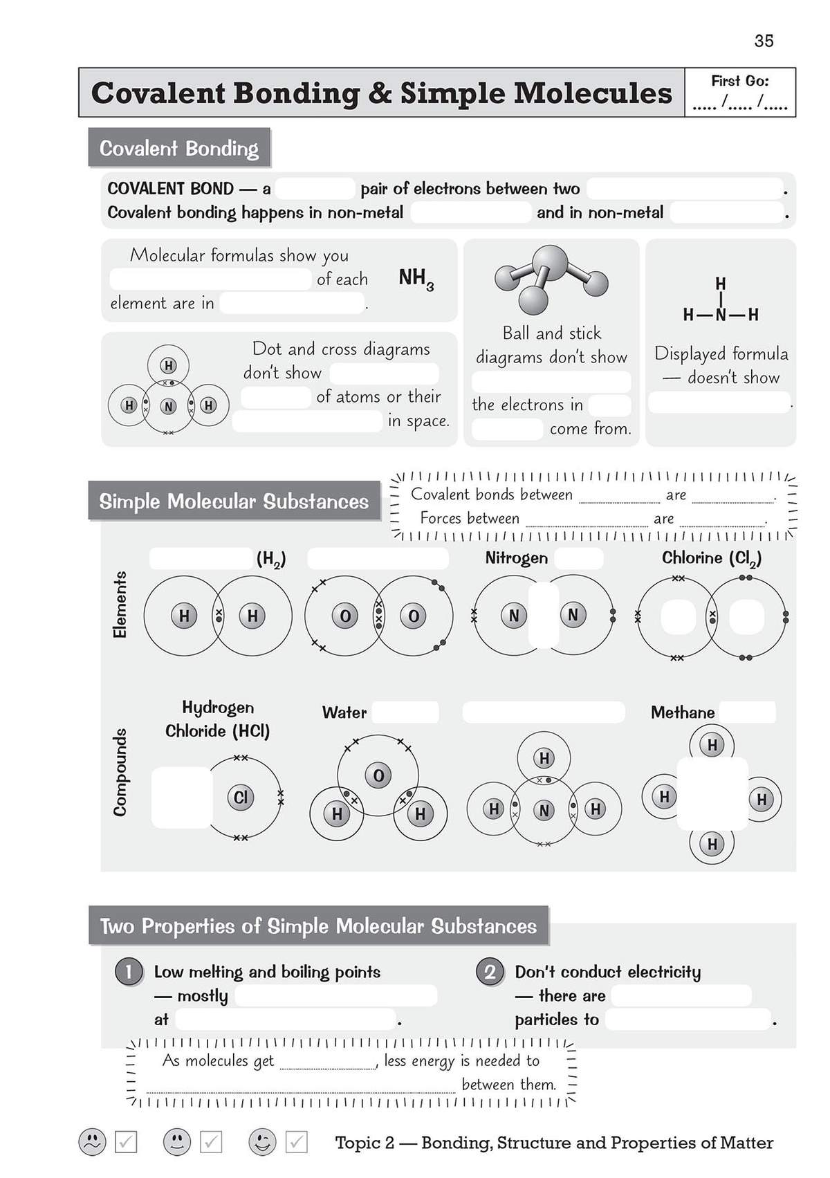 A revision page explaining covalent bonds and simple molecular substances with diagrams and definitions