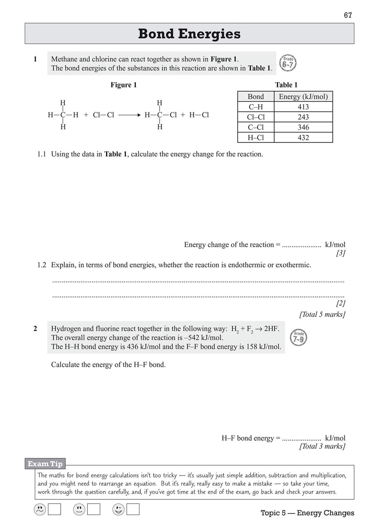 Two questions on bond energies require calculations and explanations, with a worked example and exam tip included