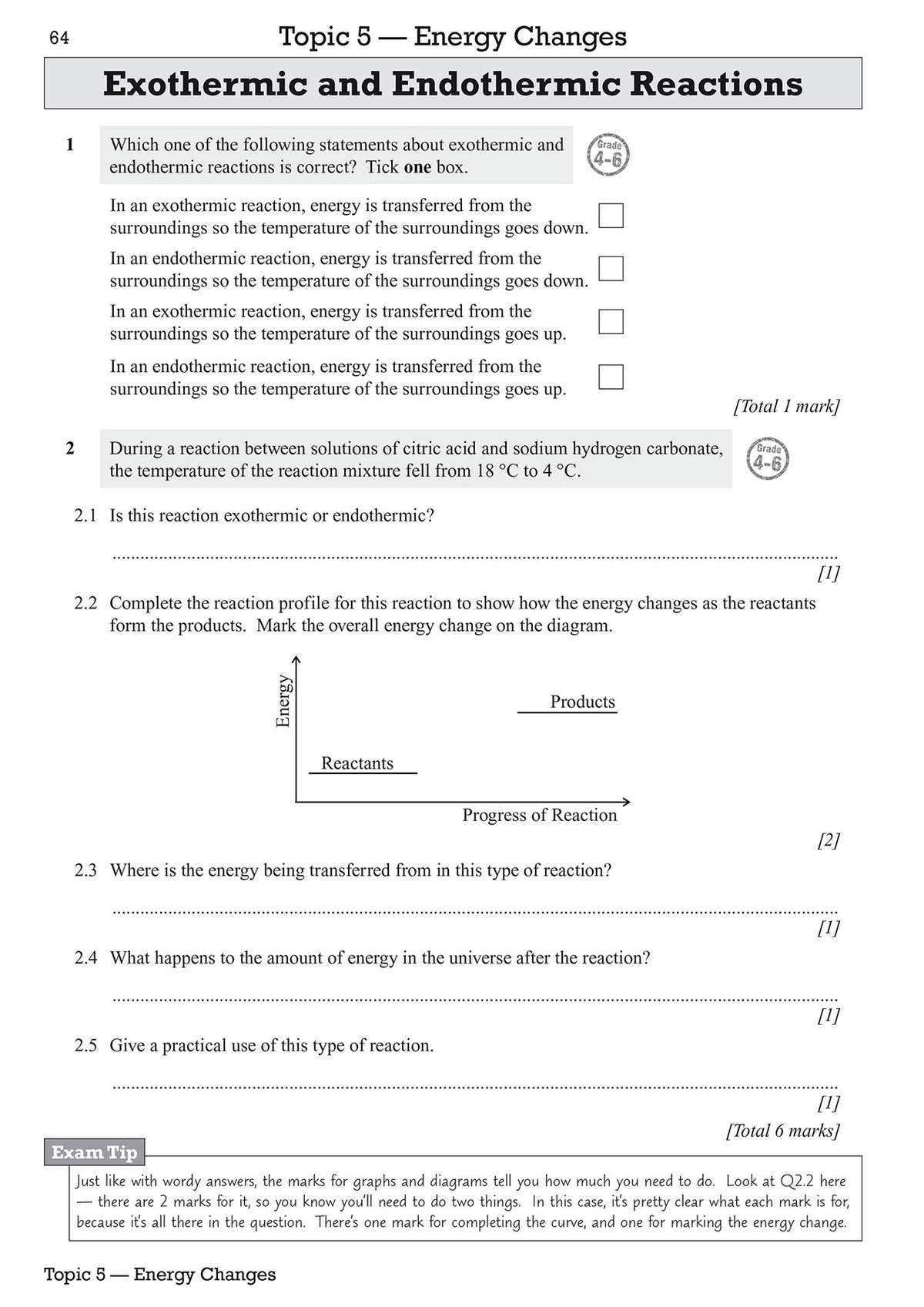 Questions on exothermic and endothermic reactions, including a multiple-choice question, short answers