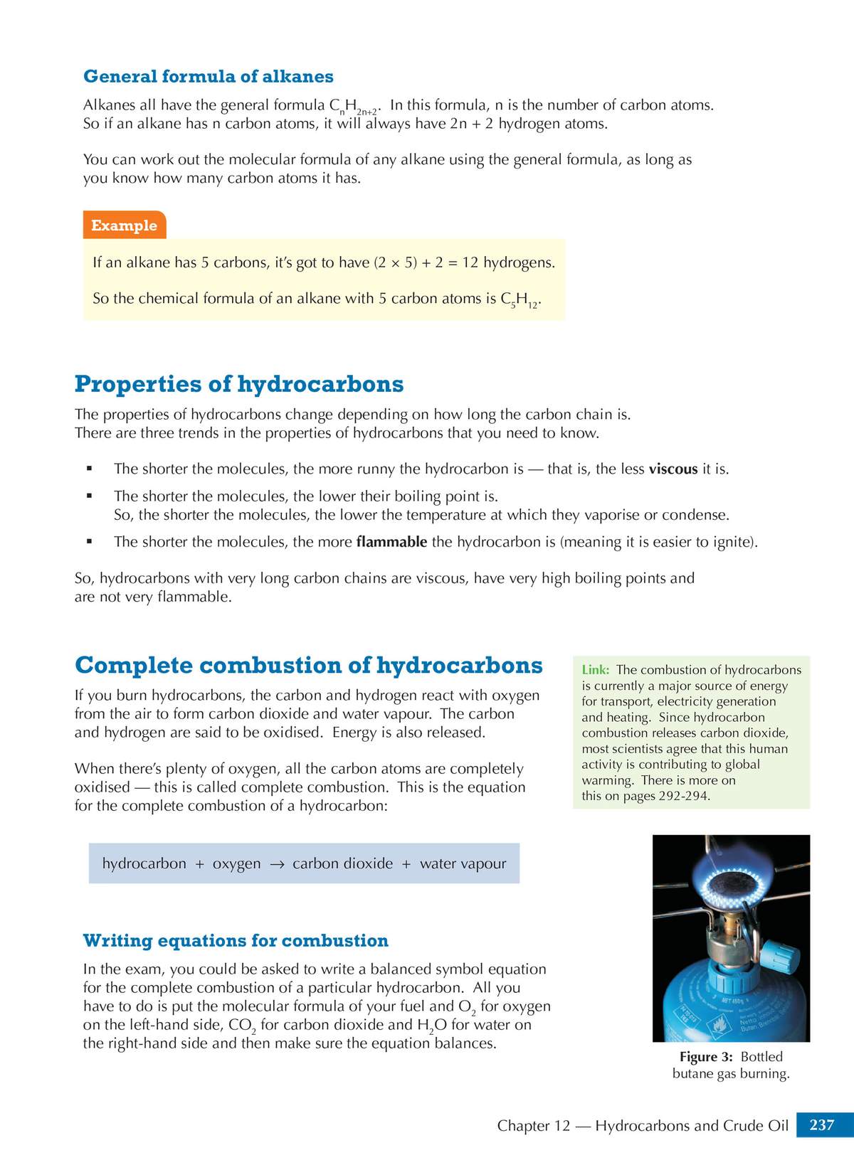 Clear notes on alkane formulas and combustion, with a worked example and a photo of a gas burner