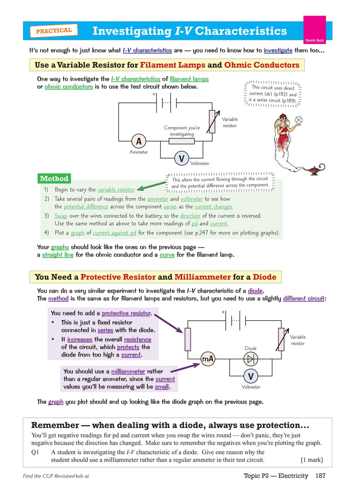 A practical guide to investigating I-V characteristics, with circuit diagrams and a short question on using a milliammeter