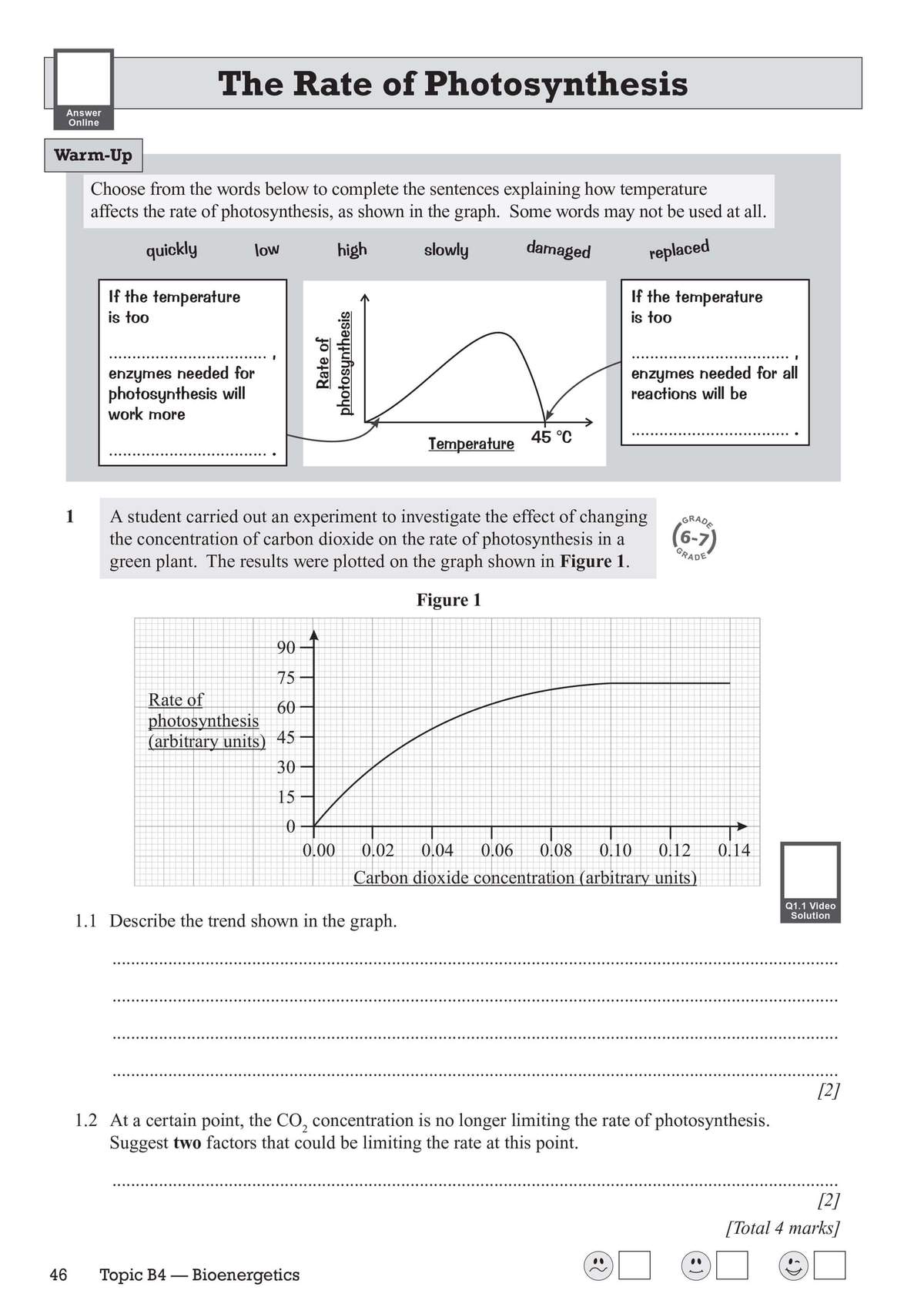 Students complete a warm-up on temperature effects, then analyse a graph of carbon dioxide concentration to describe trends