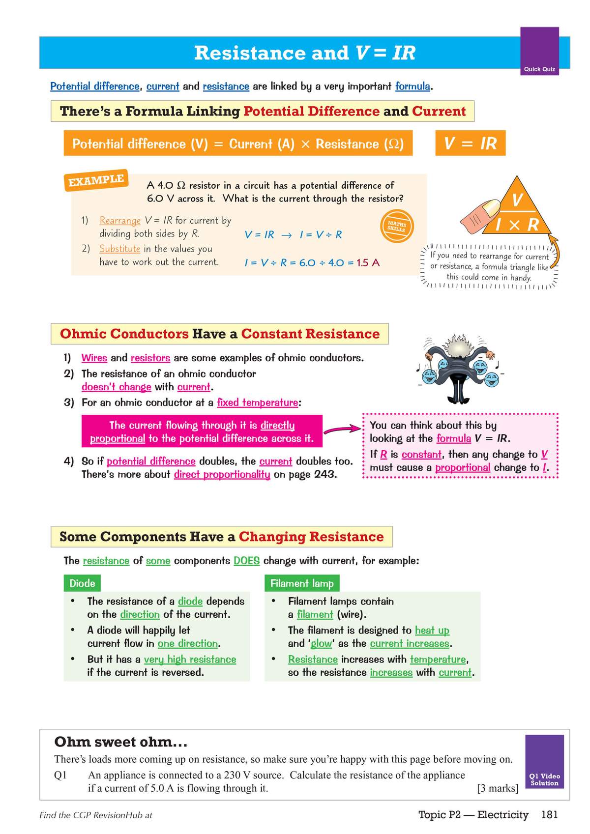 A page explaining resistance and Ohm's law with a worked example, a formula triangle, and a practice question