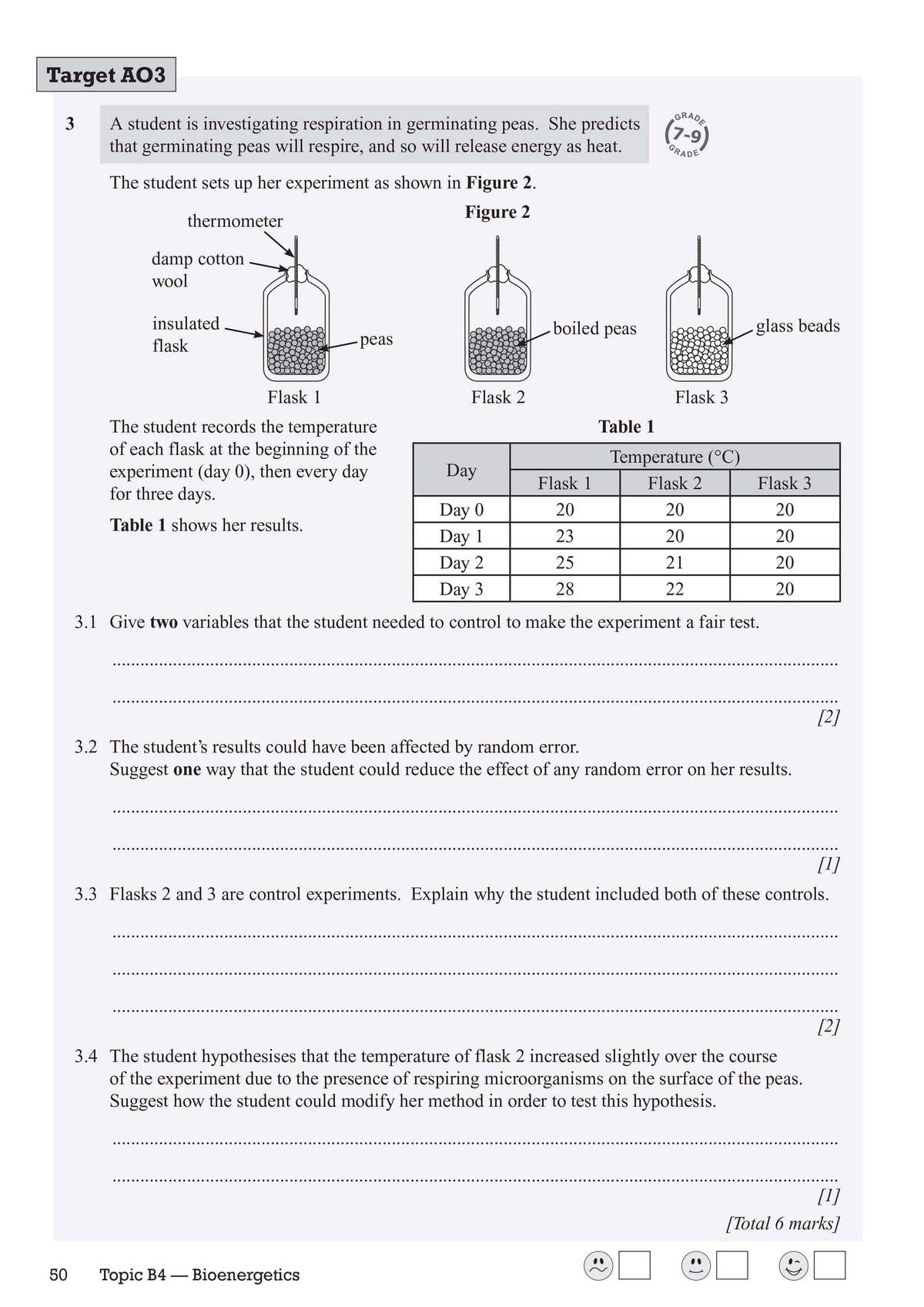 Four questions on a biology experiment investigating respiration in peas, requiring students to identify variables