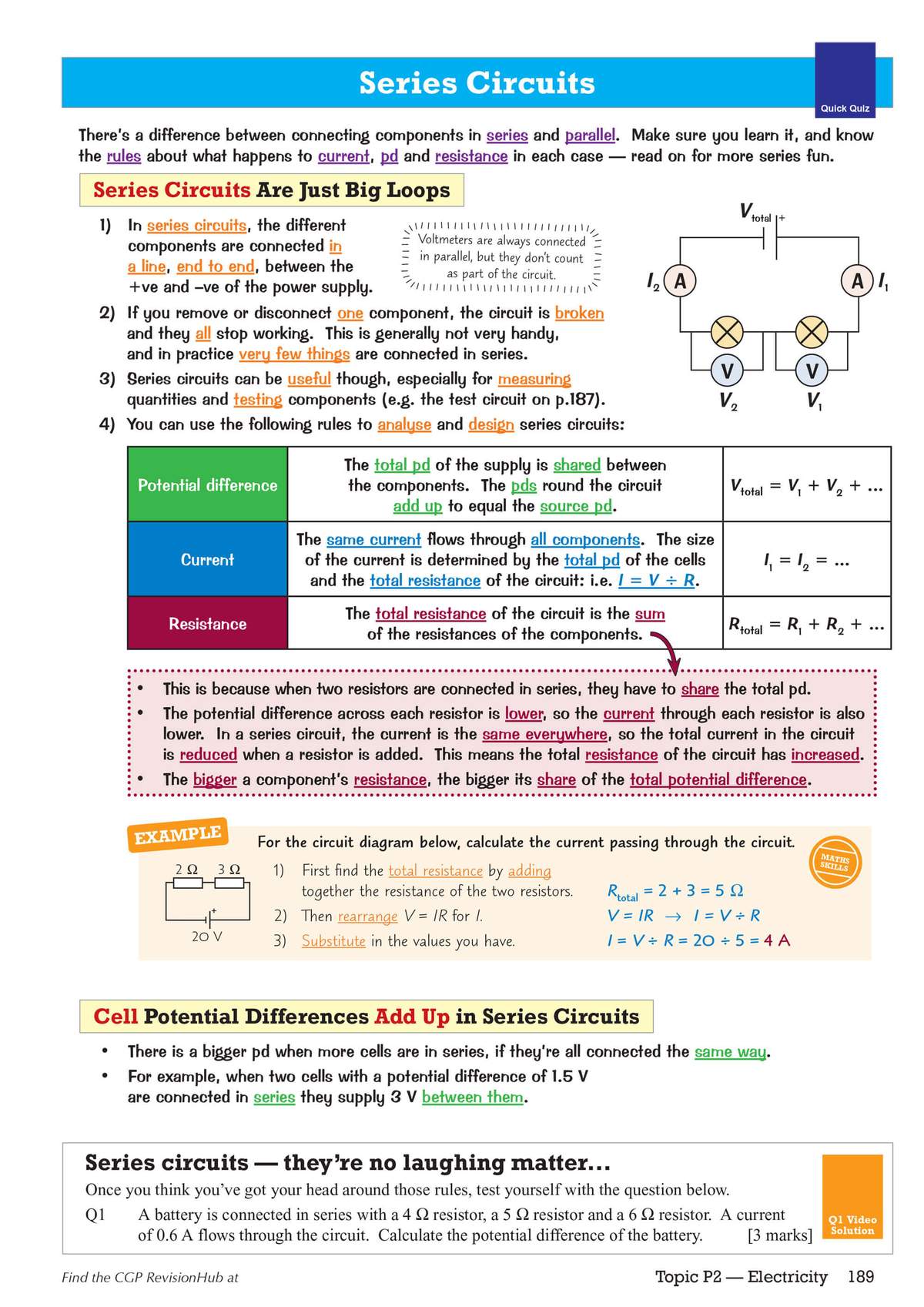 Clear notes on series circuits with a worked example on calculating current, plus a practice question to test understanding