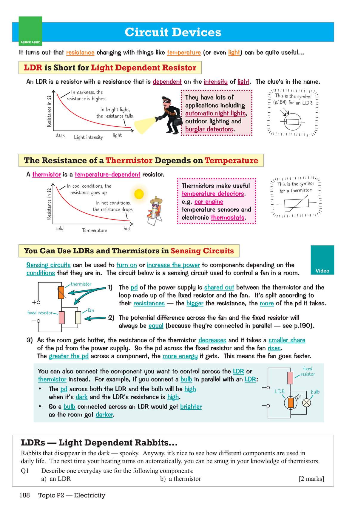 Clear explanations of LDRs and thermistors with diagrams, plus a short question to describe their everyday uses