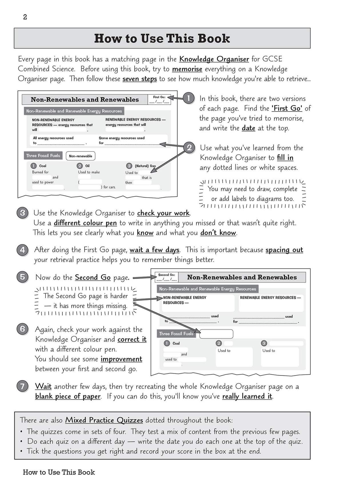 Instructions on how to use the Knowledge Organiser pages to memorise and test science knowledge effectively