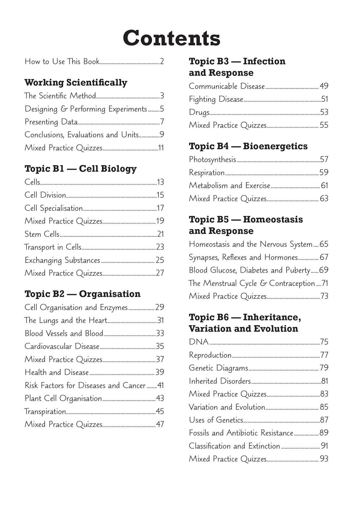 A table of contents listing all science topics from cell biology to genetics, with page numbers for each section