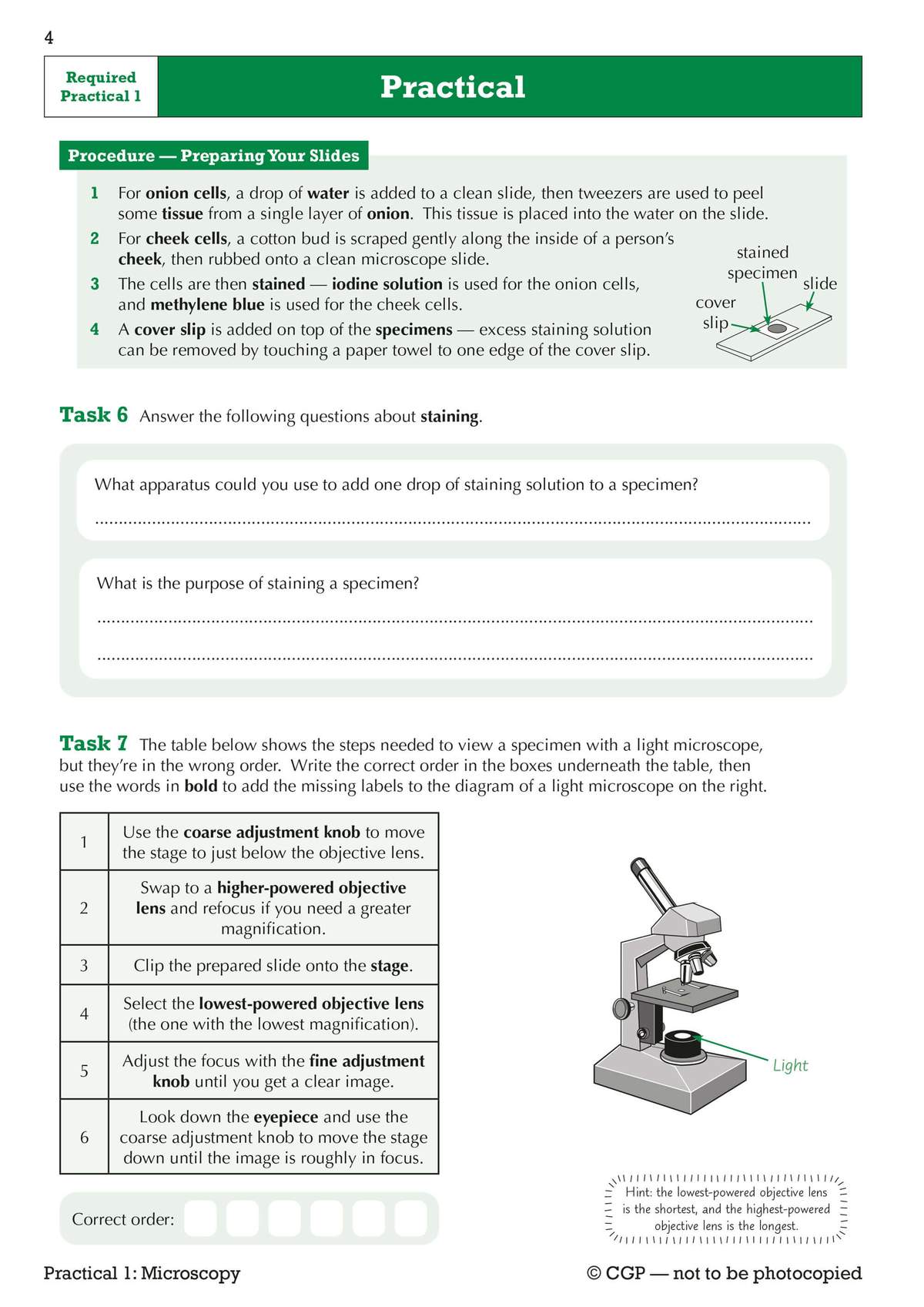 Students order steps for using a microscope and label a diagram, then answer questions about staining specimens