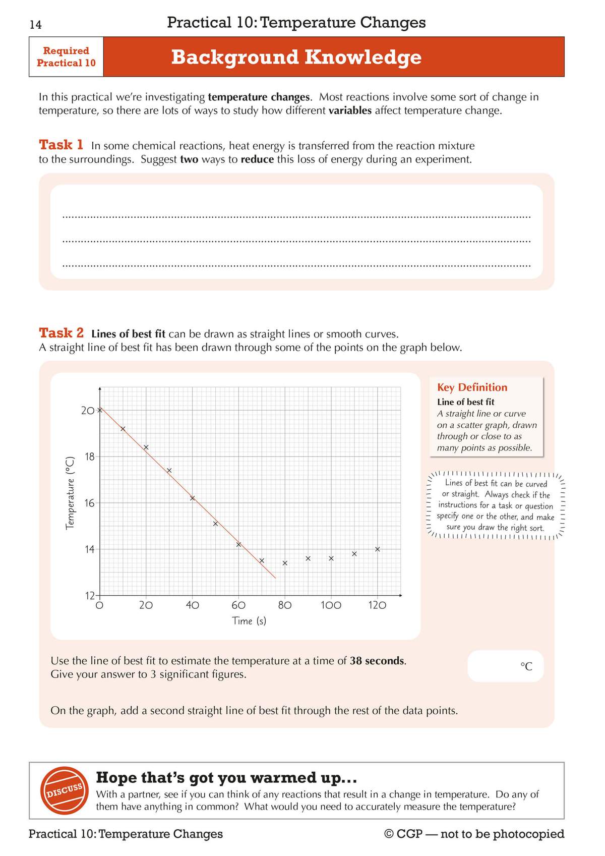 A page teaching how to draw lines of best fit on a temperature-time graph, with tasks to estimate values and add a second