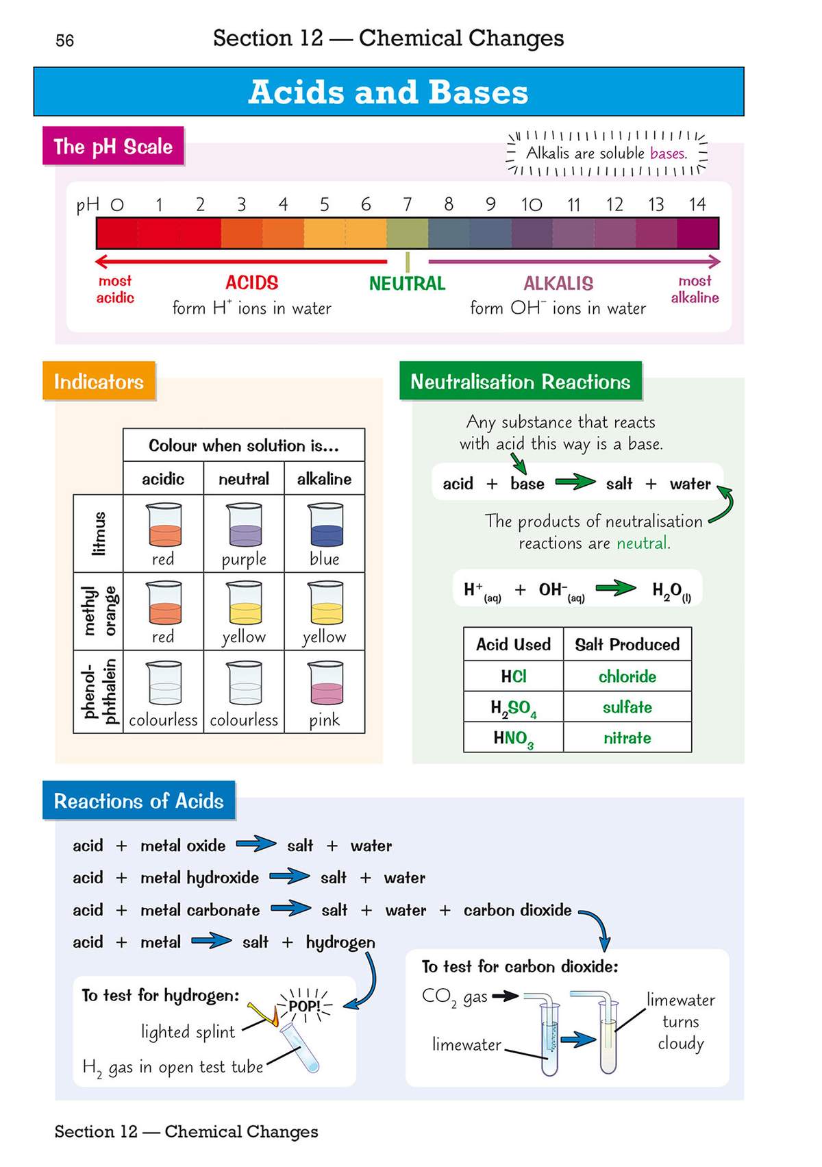 A revision page explaining the pH scale, neutralisation reactions, and how acids react with metals and carbonates