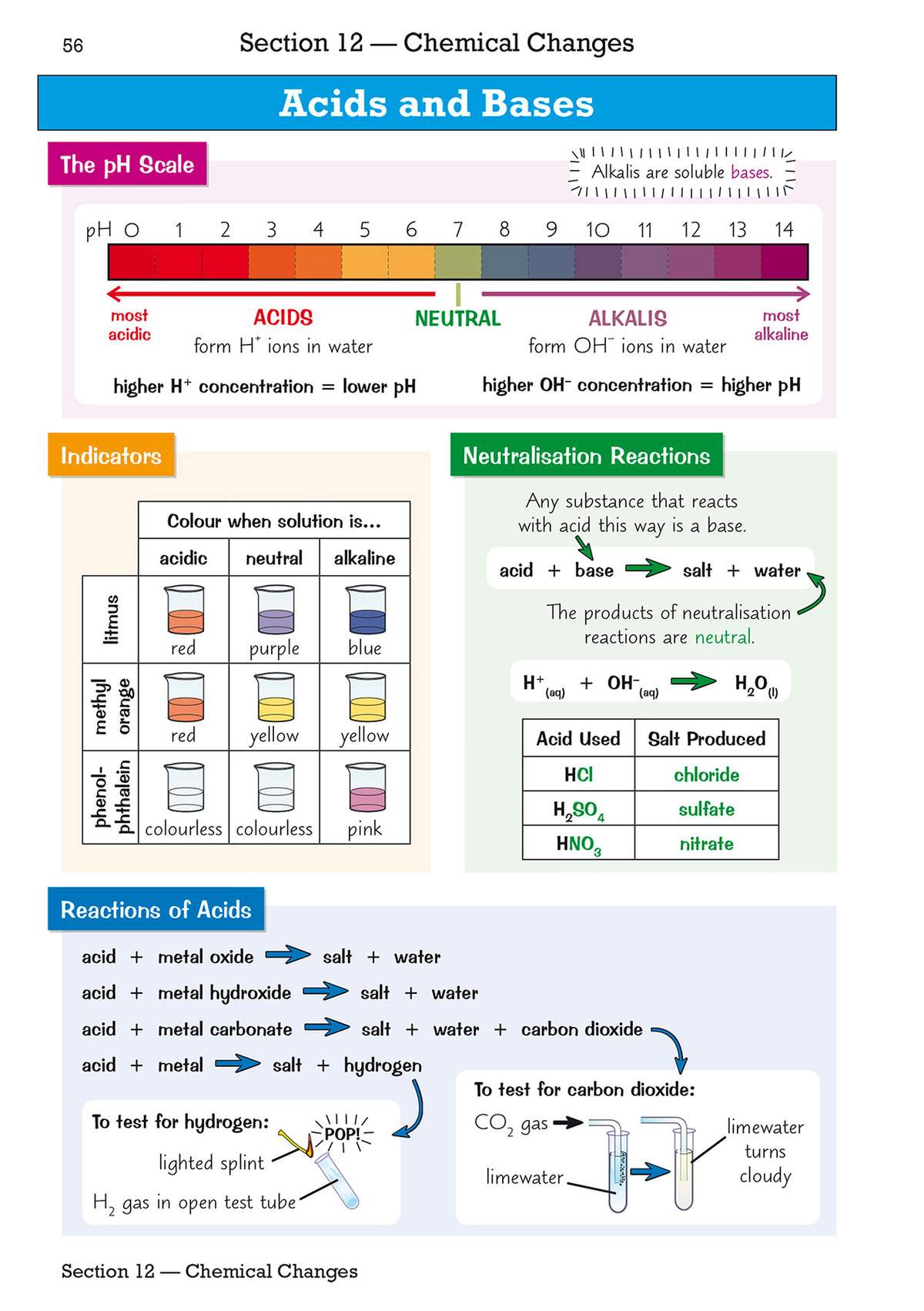 A revision page explaining the pH scale, neutralisation reactions, and how acids react with metals and carbonates