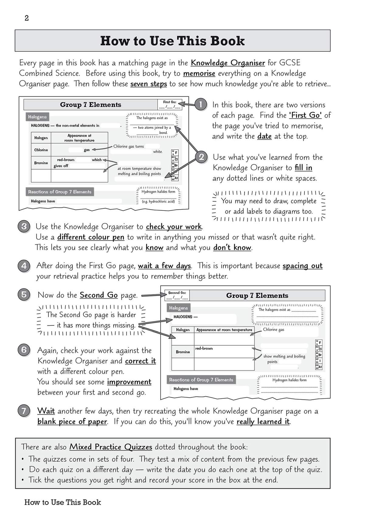 Instructions on how to use the Knowledge Organiser pages to memorise and test science knowledge