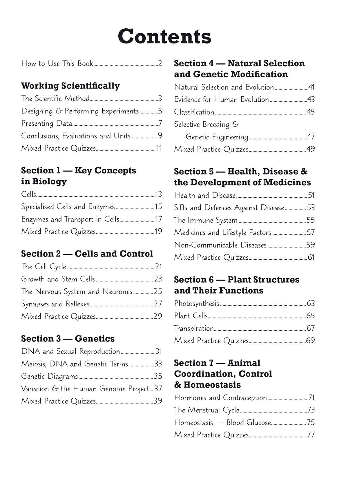 A contents page listing all the science topics covered in the book, from cells to genetics and homeostasis