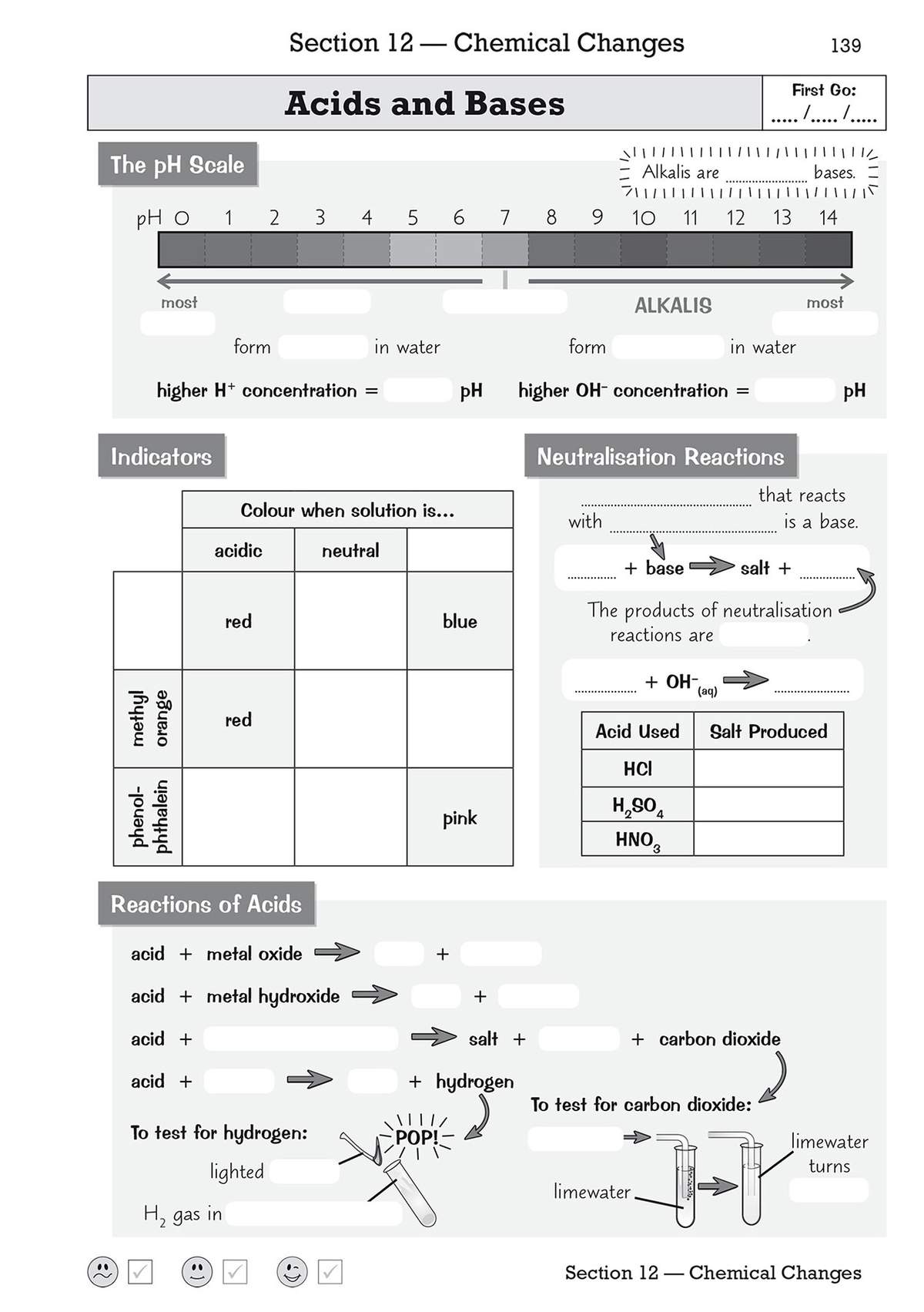 A page of fill-in-the-blank questions on acids and bases, including pH scales, indicators, and neutralisation reactions