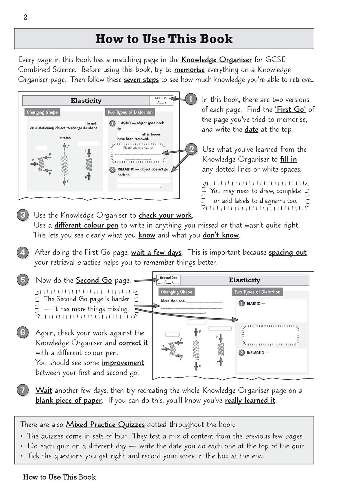 Instructions on using the Knowledge Organiser for active recall, including a seven-step process and mixed practice quizzes