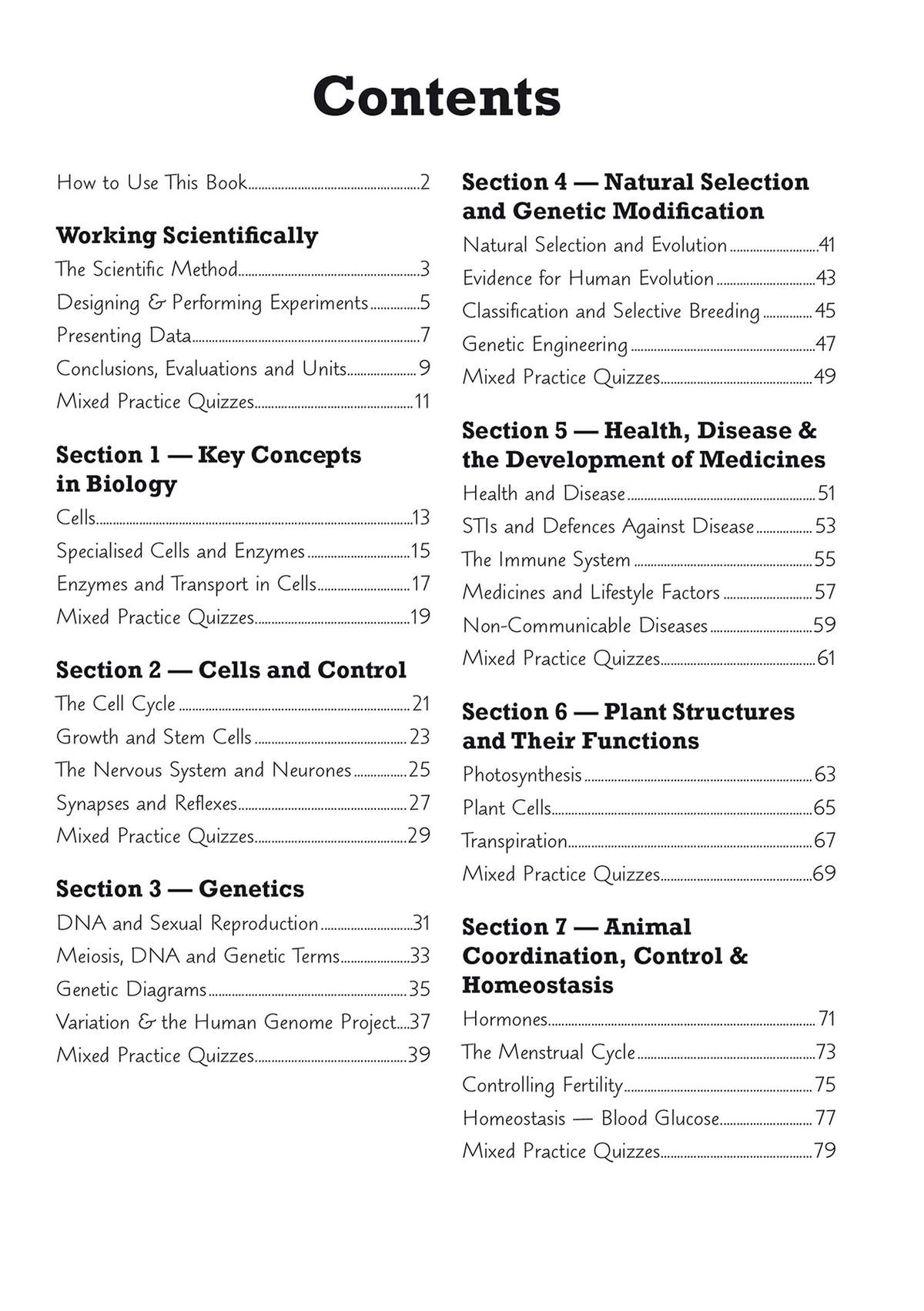 A table of contents listing seven sections of GCSE Biology, from scientific method to homeostasis, with page numbers