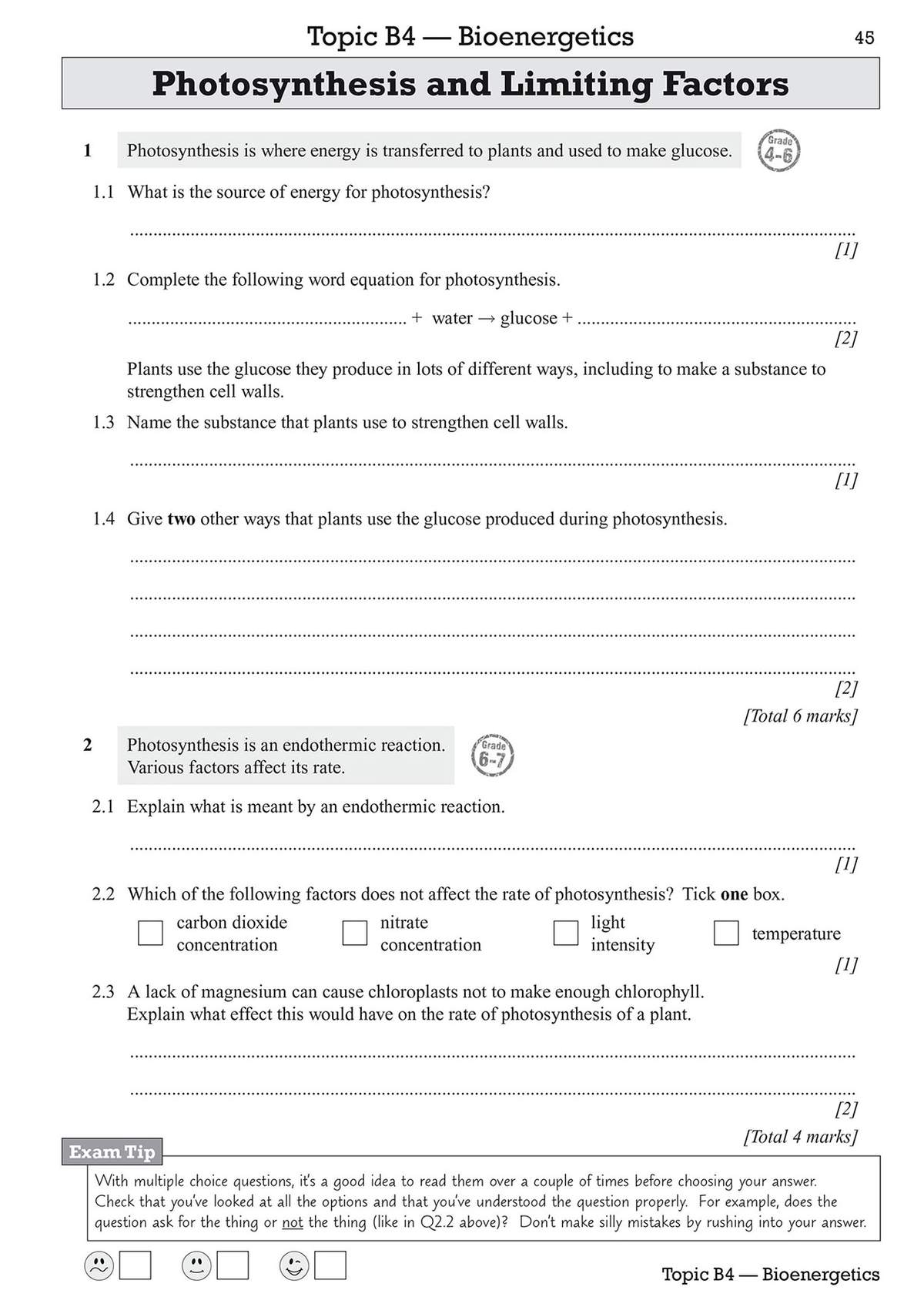 Questions on photosynthesis, including word equations, explanations of endothermic reactions