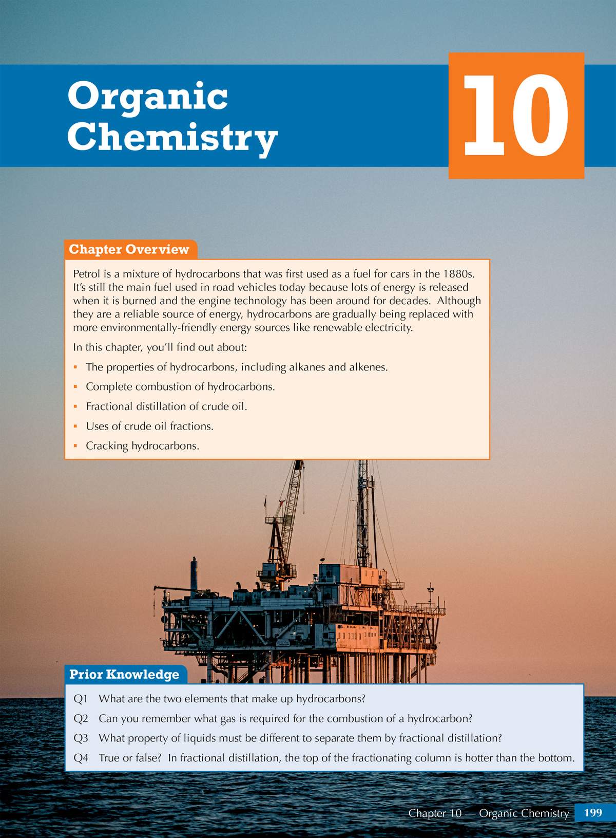 A chapter overview on organic chemistry with a photo of an oil rig, followed by four questions to check prior knowledge