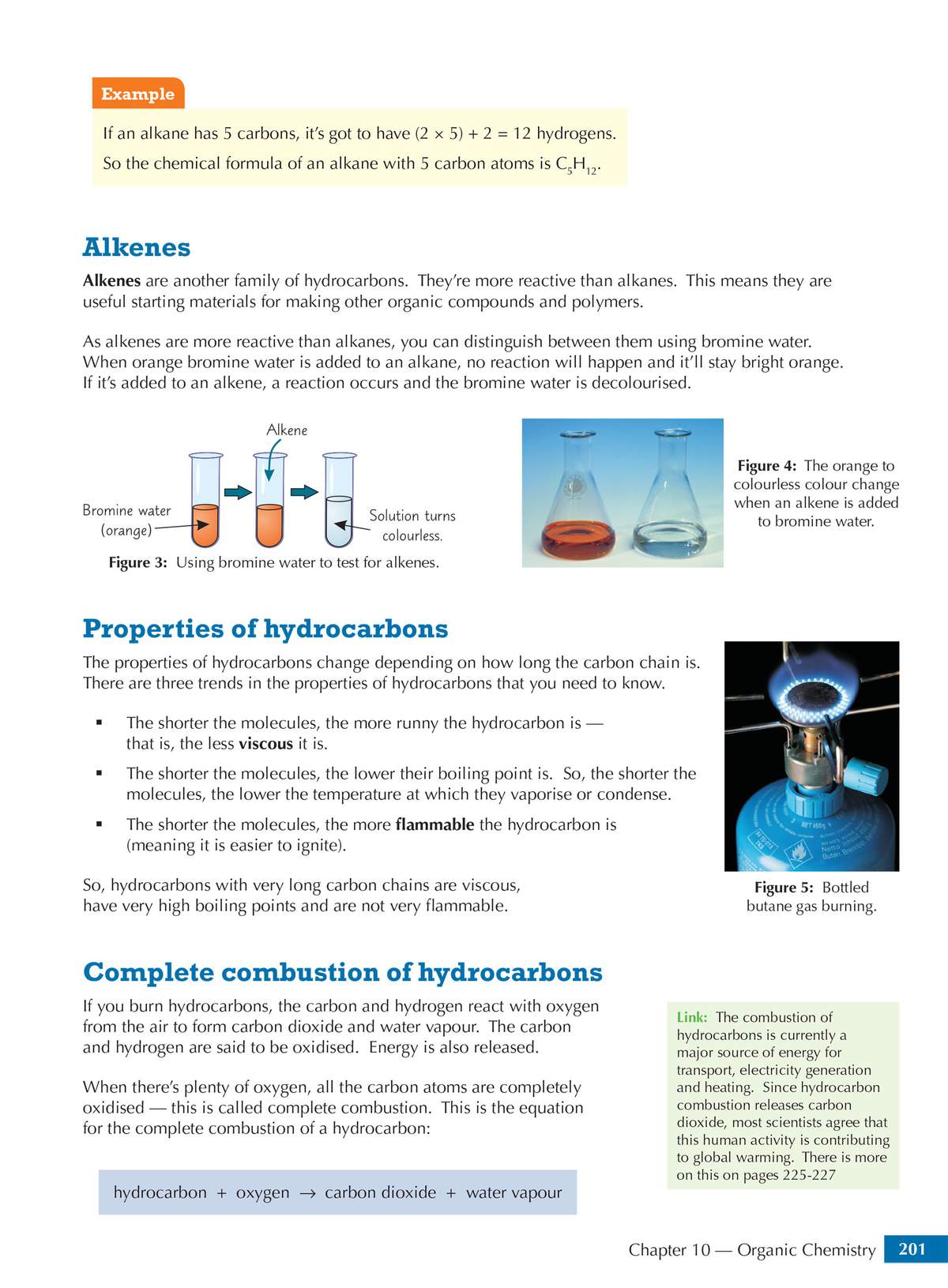 Clear notes on alkenes and hydrocarbon properties, with diagrams showing bromine water tests and a gas burner