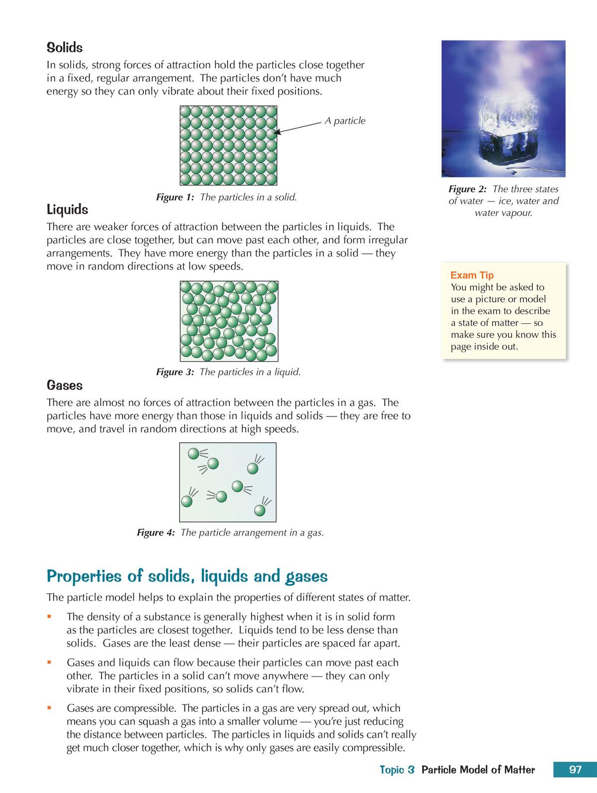 Clear notes on the particle model of solids, liquids and gases, with diagrams showing particle arrangement and an exam tip