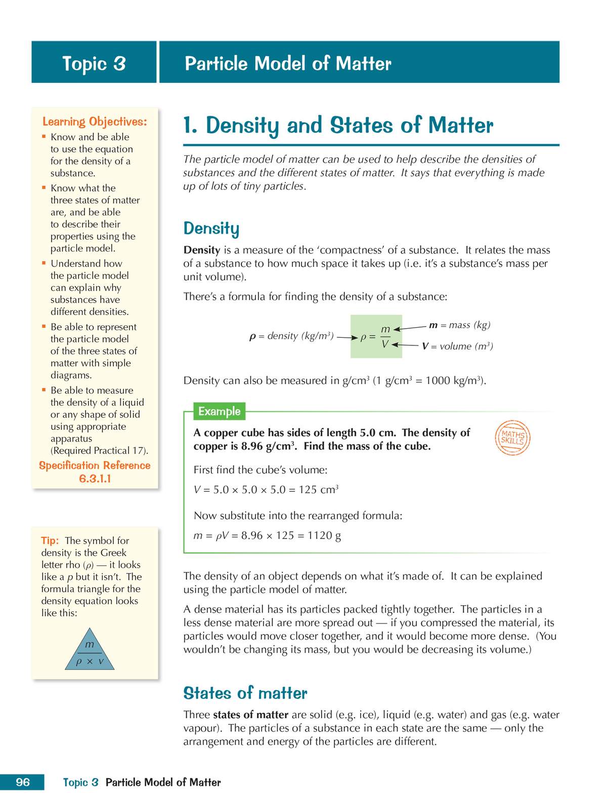 A worked example shows how to calculate the mass of a copper cube using its density and volume