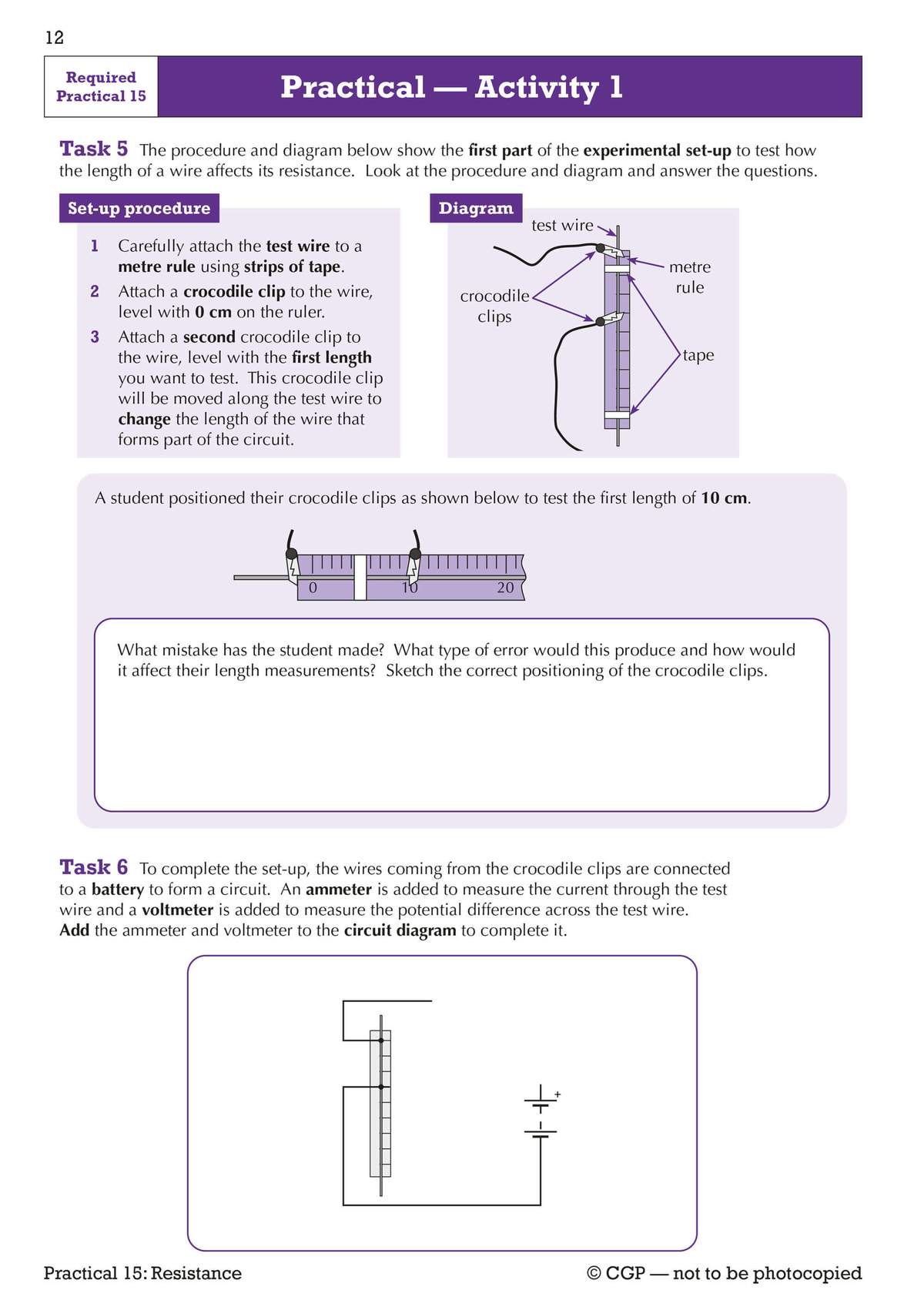 Students identify mistakes in a wire-length experiment and sketch the correct circuit diagram to complete the practical