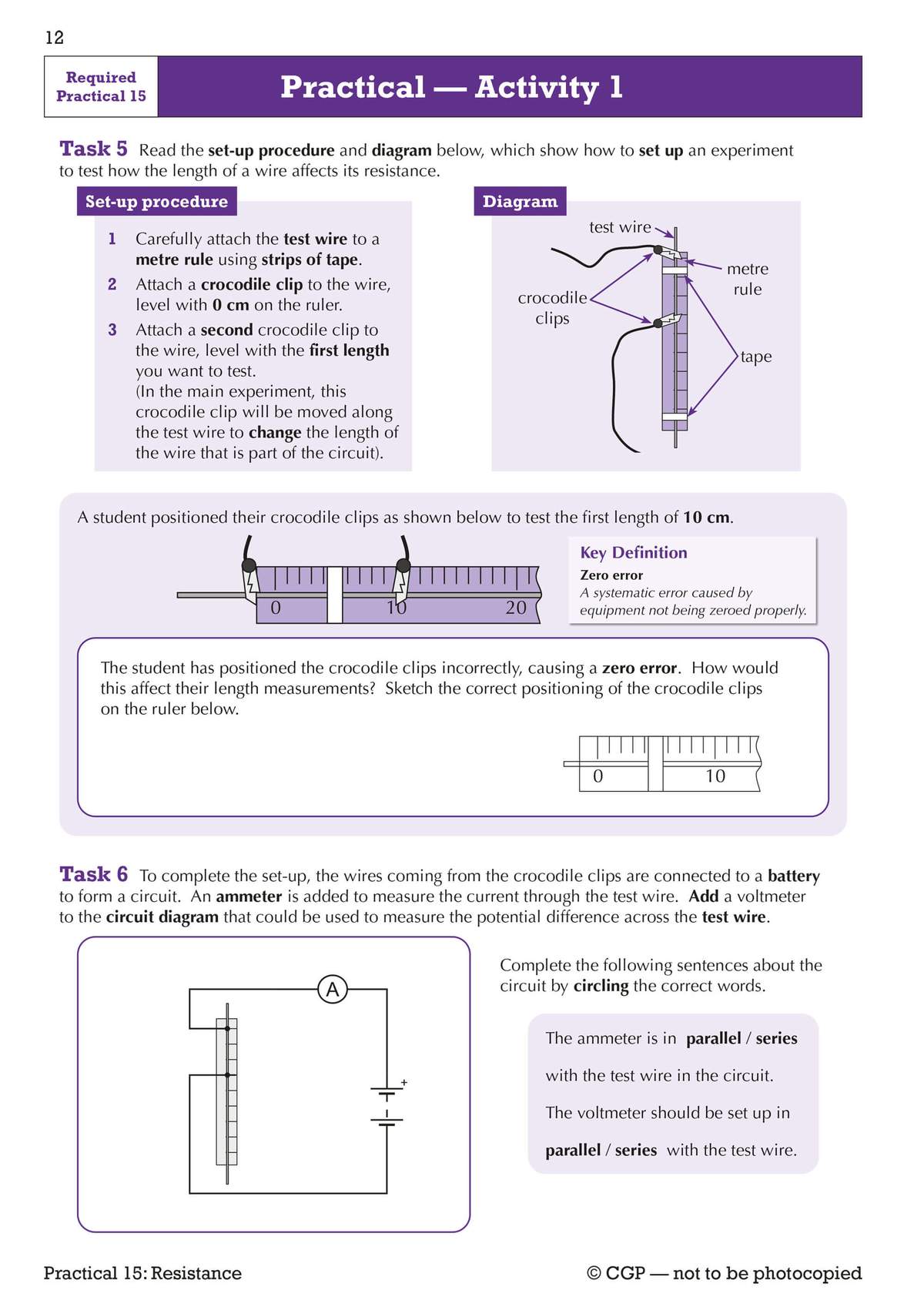 Students follow a procedure to set up a resistance experiment, sketch correct clip positioning