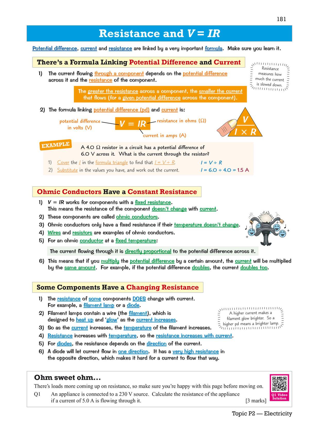 Clear notes on resistance and Ohm's Law, with a worked example calculating current and a formula triangle to aid memory