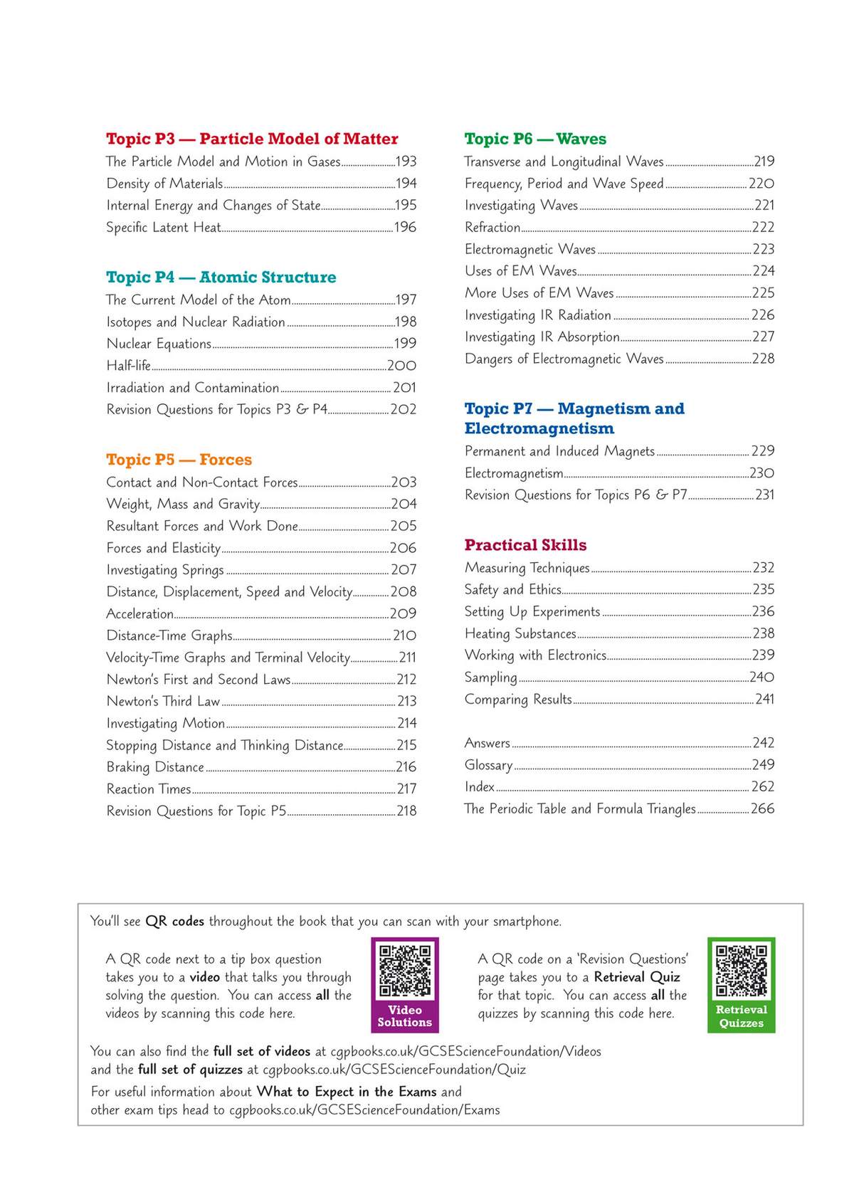 A contents page listing science topics from particle models to magnetism, with page numbers and QR code links for videos