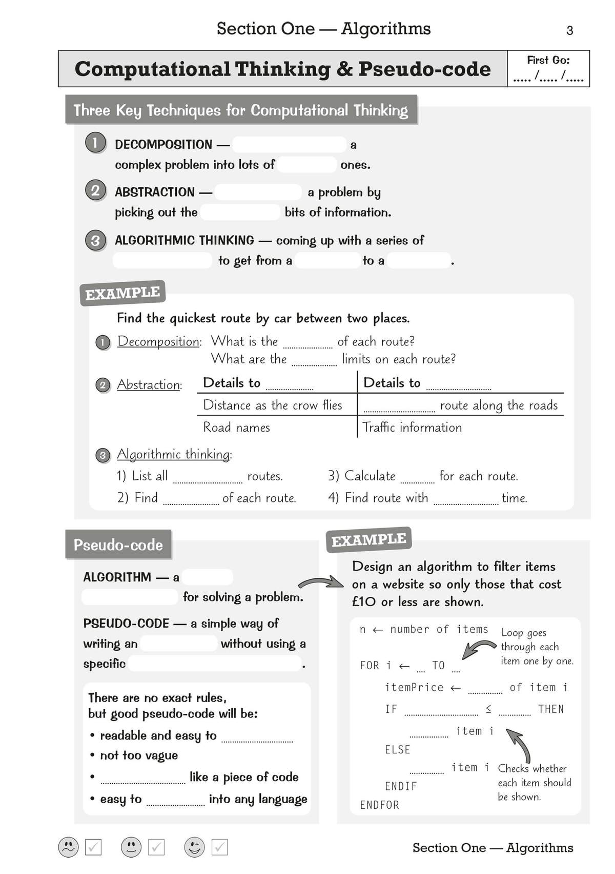 Clear definitions of decomposition, abstraction and algorithmic thinking, with a worked example on finding the quickest car