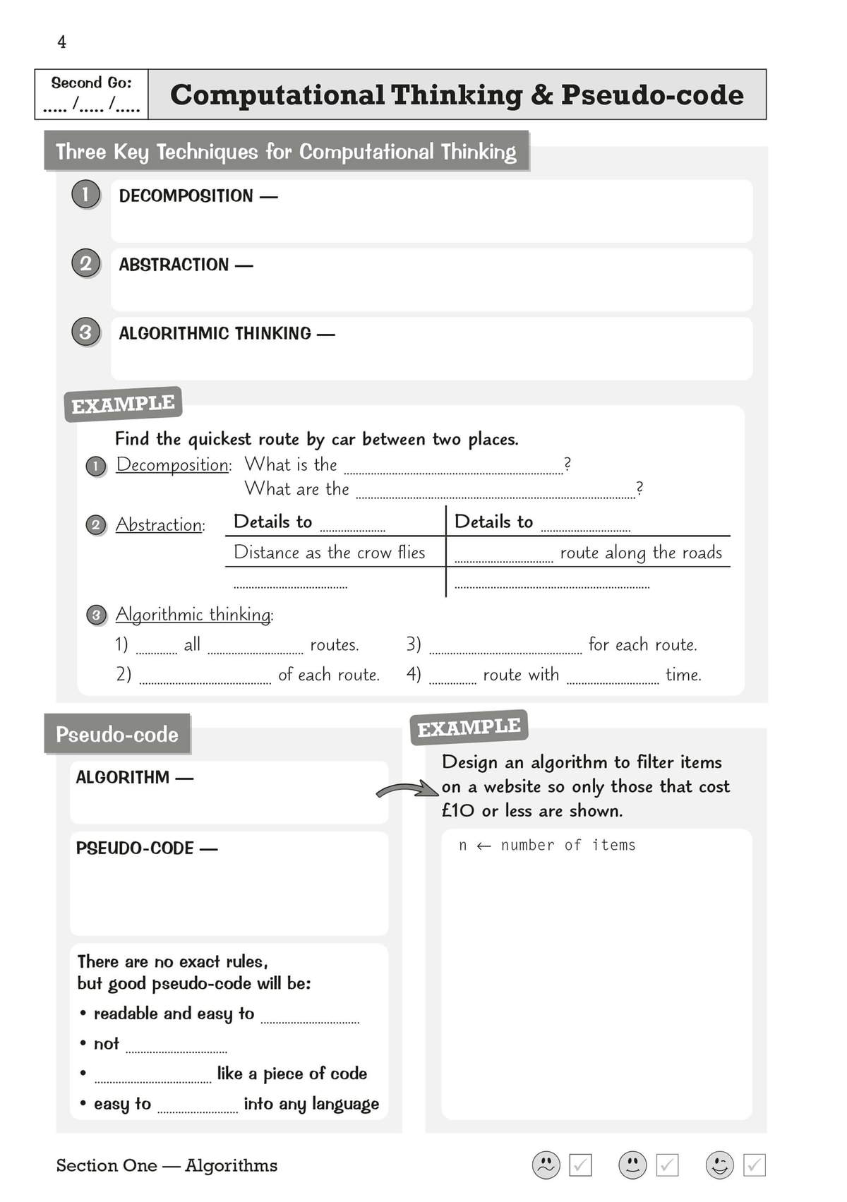 A page explaining the three key techniques of computational thinking with examples of how to apply them to real-world