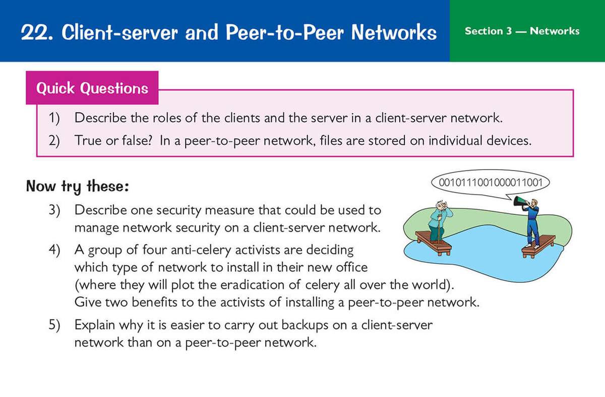 Four questions on client-server and peer-to-peer networks, including a true or false check and a scenario about anti-celery