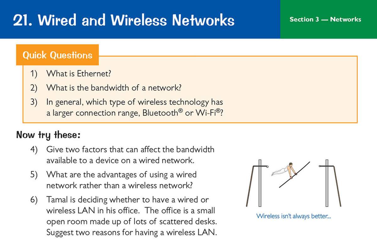 Six questions on wired and wireless networks, including definitions, factors affecting bandwidth and a scenario about