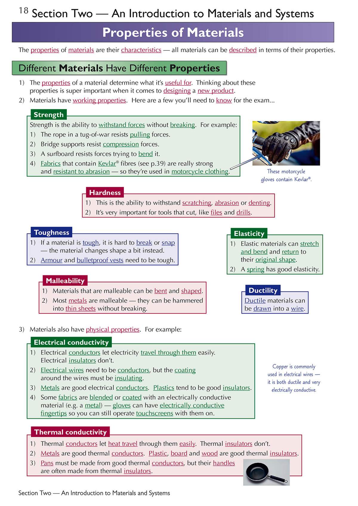 A revision page explaining material properties like strength and conductivity, using real-world examples and diagrams