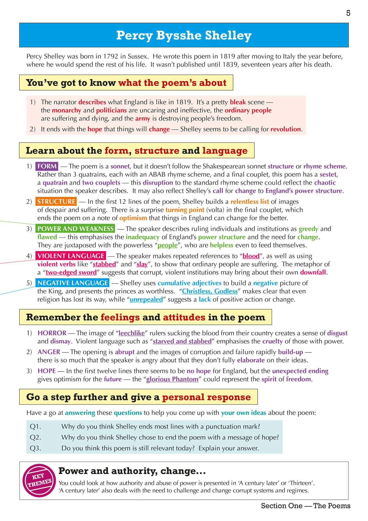 Revision notes on Shelley's poem, with sections on form, structure and feelings, plus three short questions to answer