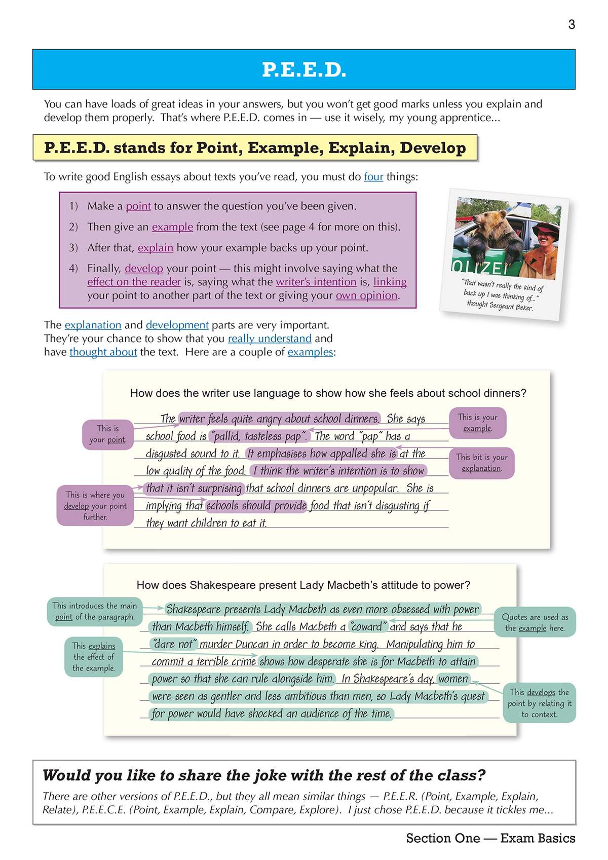 A clear guide to the P.E.E.D. method for writing GCSE English essays, using worked examples from school dinners