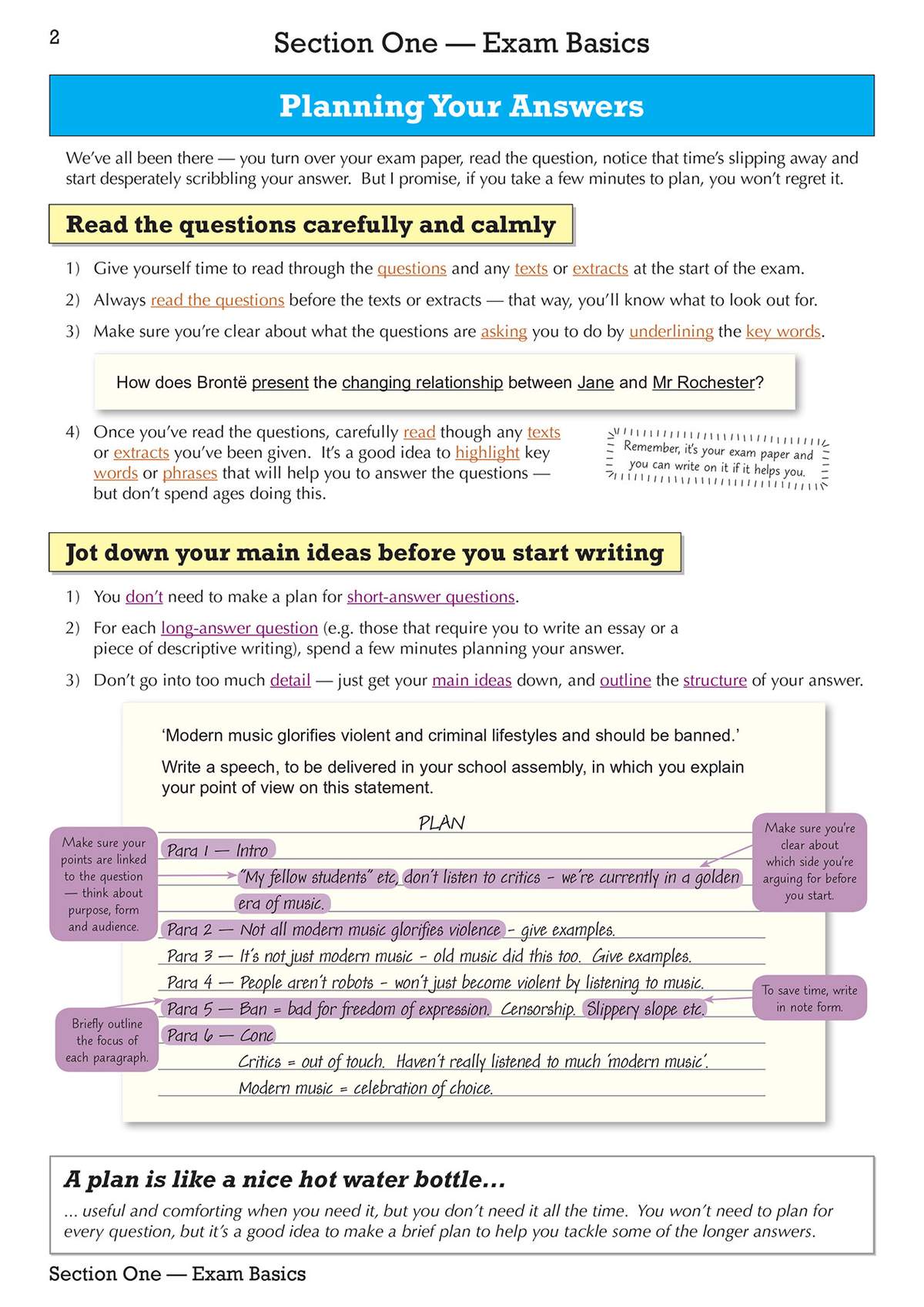 Advice on planning answers for GCSE English, with a worked example of a speech plan and tips on reading questions