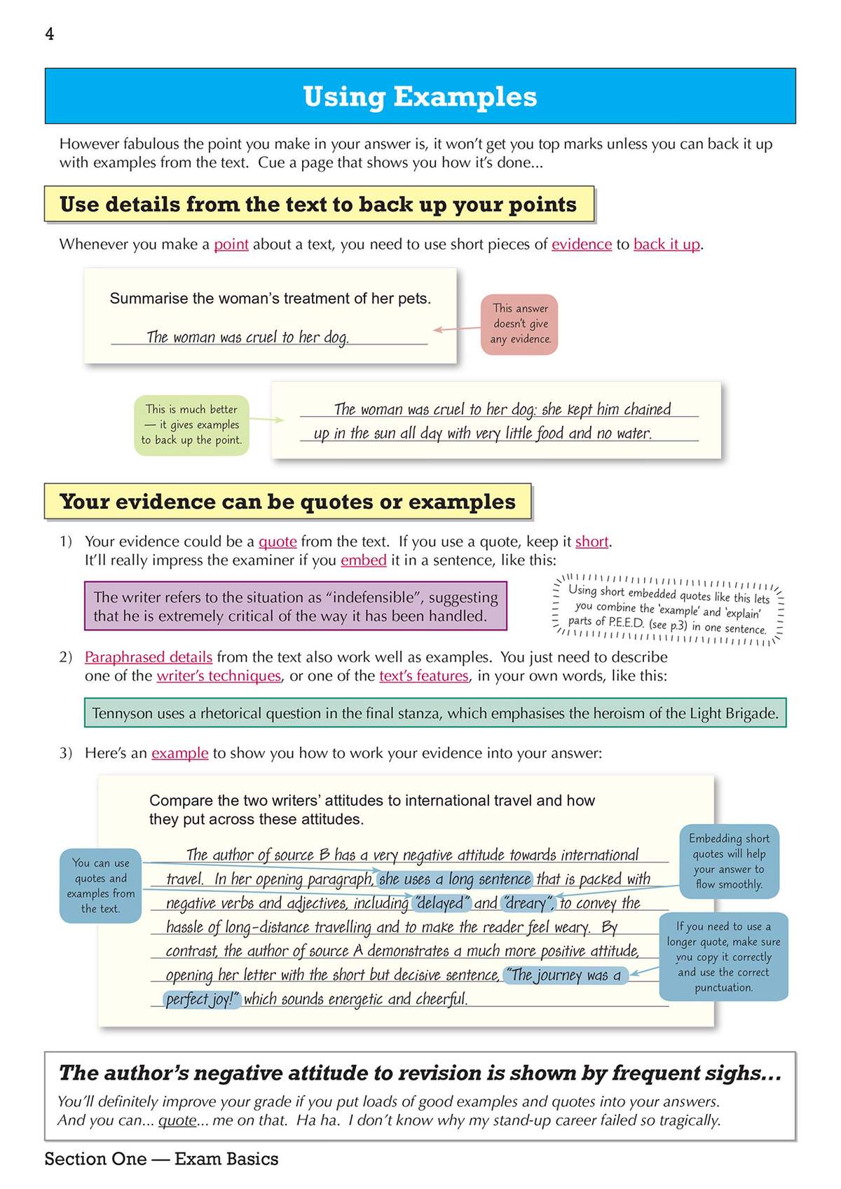 A page explaining how to use quotes and paraphrased details to back up points in an essay, with worked examples