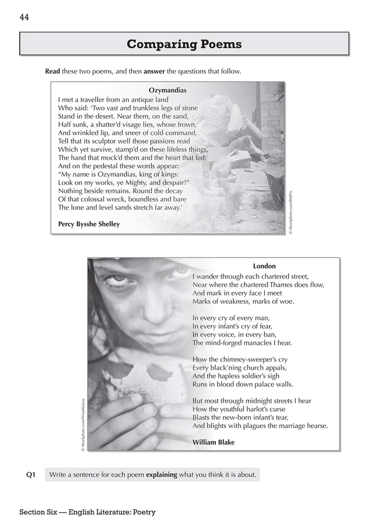 Students read two poems with accompanying photos, then write a sentence explaining what each is about
