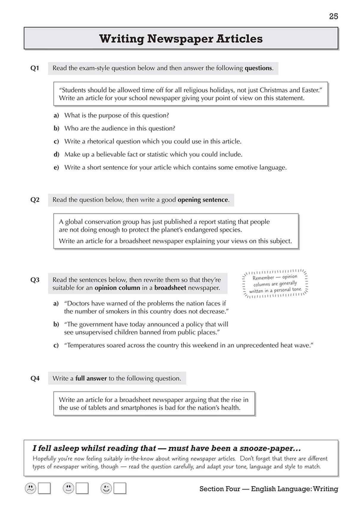 Four exam-style questions on writing newspaper articles, including opinion columns and broadsheet pieces